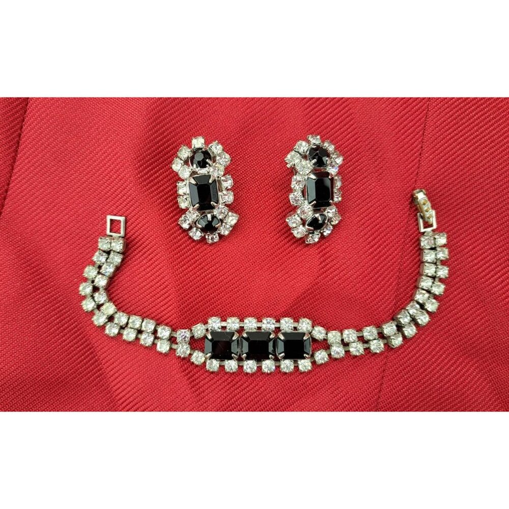 Vintage Clear Black Rhinestone Bracelet Clip-On Earrings Set Emerald Cut Costume